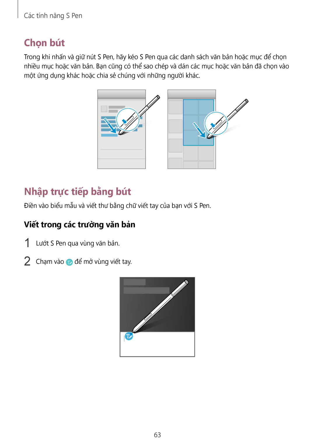 Samsung SM-N915FZWEXEV, SM-N915FZKEXEV manual Chọn bút, Nhập trực tiếp bằng bút, Viết trong các trườ̀ng văn bản 