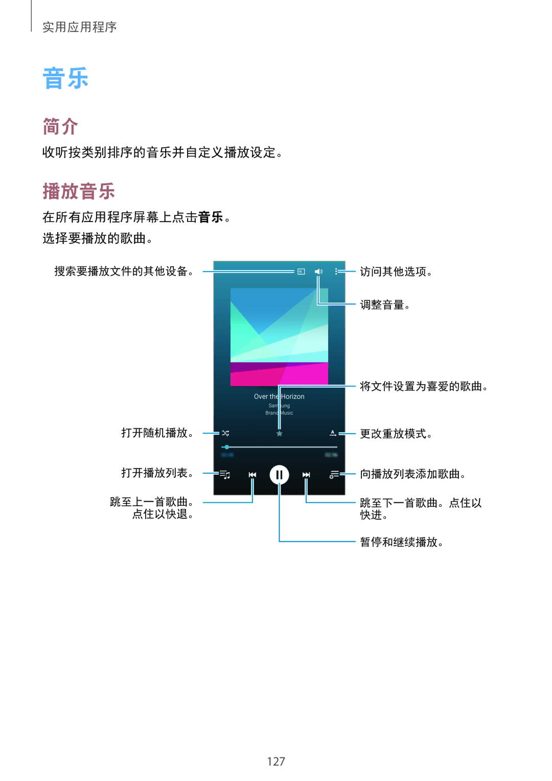 Samsung SM-N915FZWEXEV, SM-N915FZKEXEV manual 播放音乐, 收听按类别排序的音乐并自定义播放设定。, 在所有应用程序屏幕上点击音乐。 选择要播放的歌曲。 