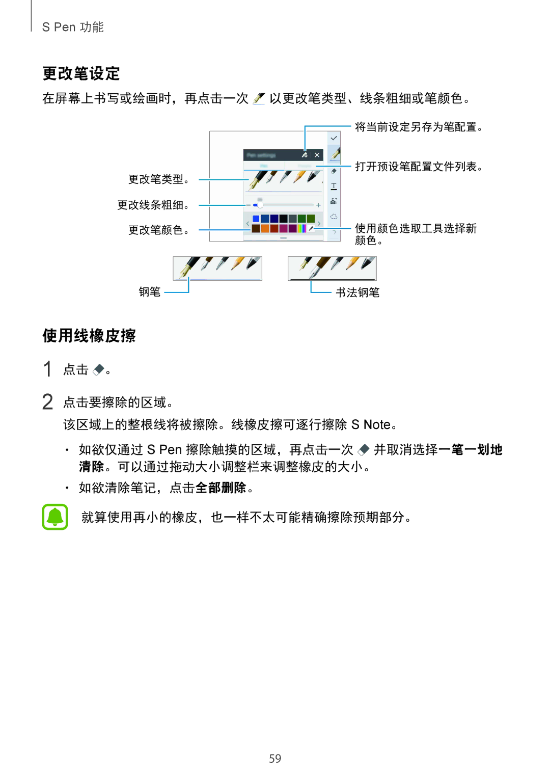 Samsung SM-N915FZWEXEV 更改笔设定, 使用线橡皮擦, 在屏幕上书写或绘画时，再点击一次 以更改笔类型、线条粗细或笔颜色。, 点击 。 点击要擦除的区域。 该区域上的整根线将被擦除。线橡皮擦可逐行擦除 S Note。 