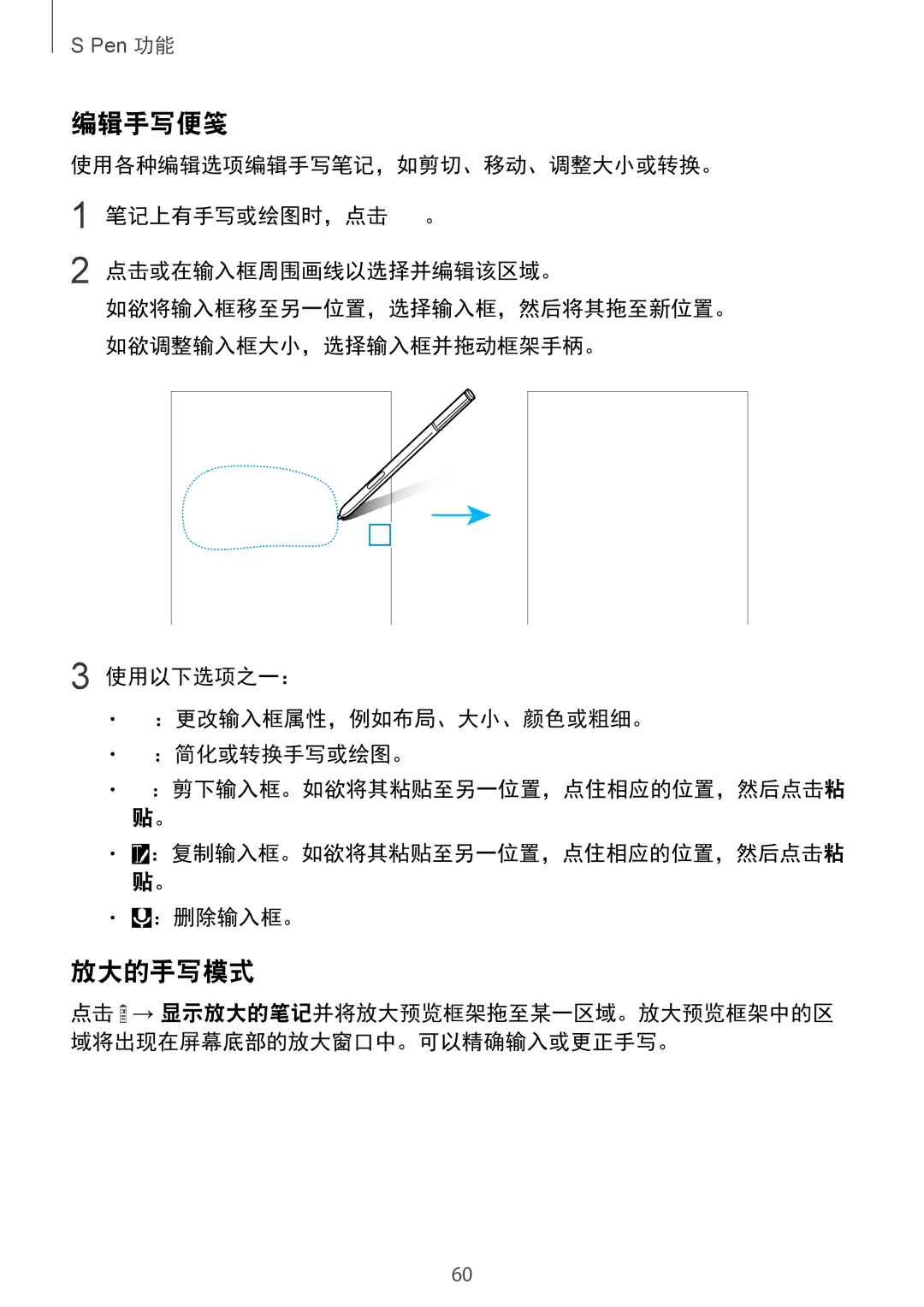 Samsung SM-N915FZKEXEV, SM-N915FZWEXEV manual 编辑手写便笺, 放大的手写模式, ：删除输入框。 