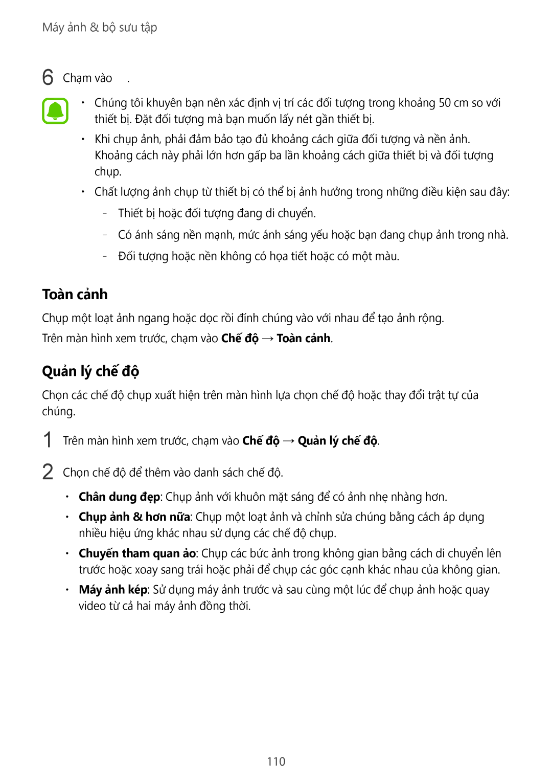 Samsung SM-N915FZKEXEV, SM-N915FZWEXEV manual Toàn cảnh, Quản lý chế độ, 110 