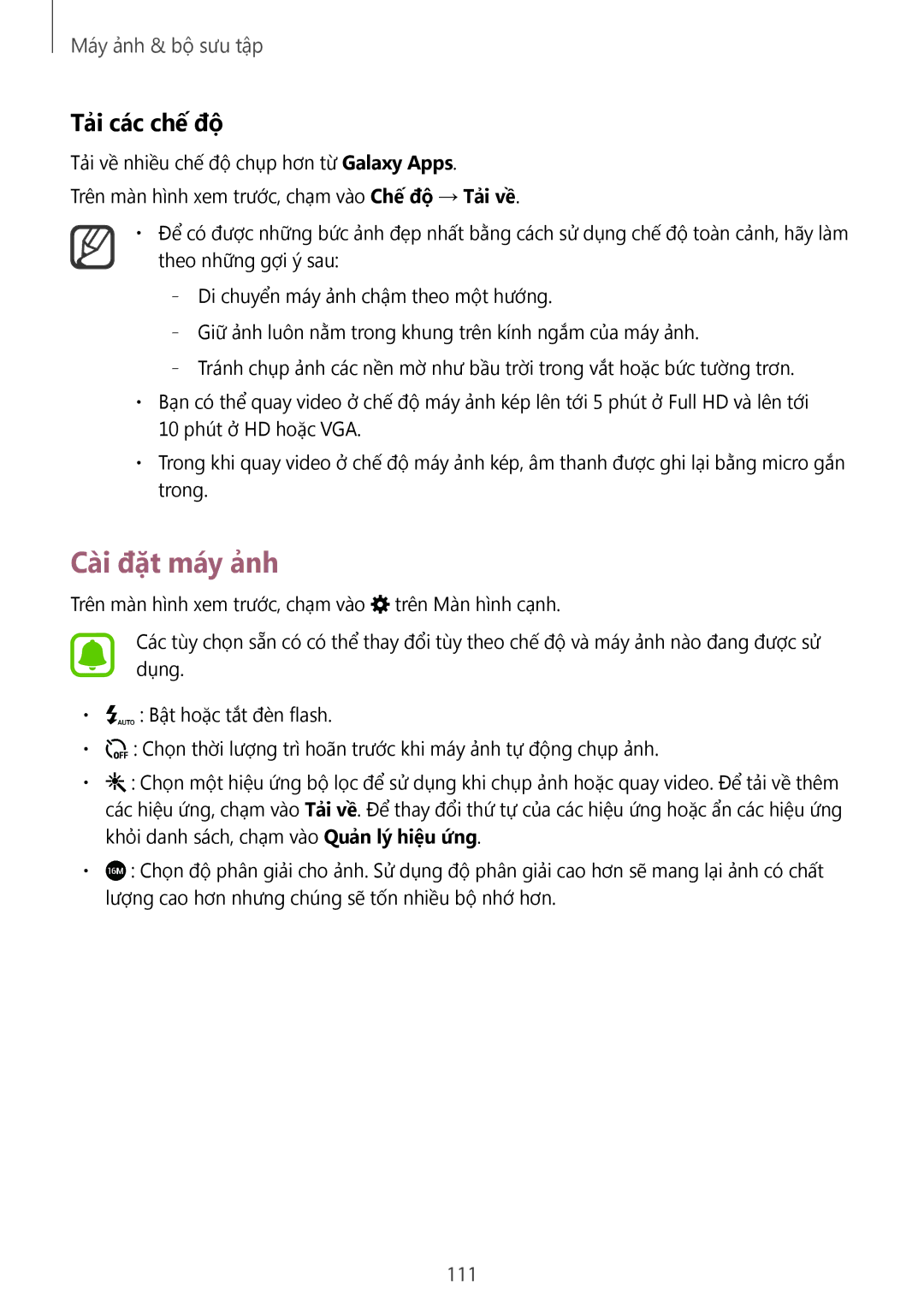 Samsung SM-N915FZWEXEV, SM-N915FZKEXEV manual Cài đặt máy ảnh, Tải các chế độ, 111 