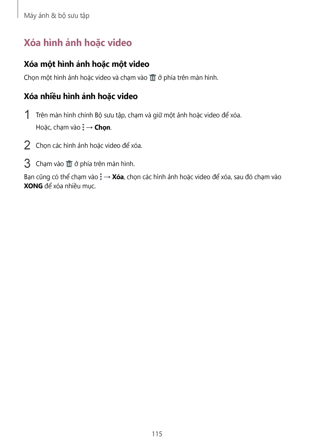Samsung SM-N915FZWEXEV manual Xóa hình ảnh hoặc video, Xóa một hình ảnh hoặc một video, Xóa nhiều hình ảnh hoặc video, 115 