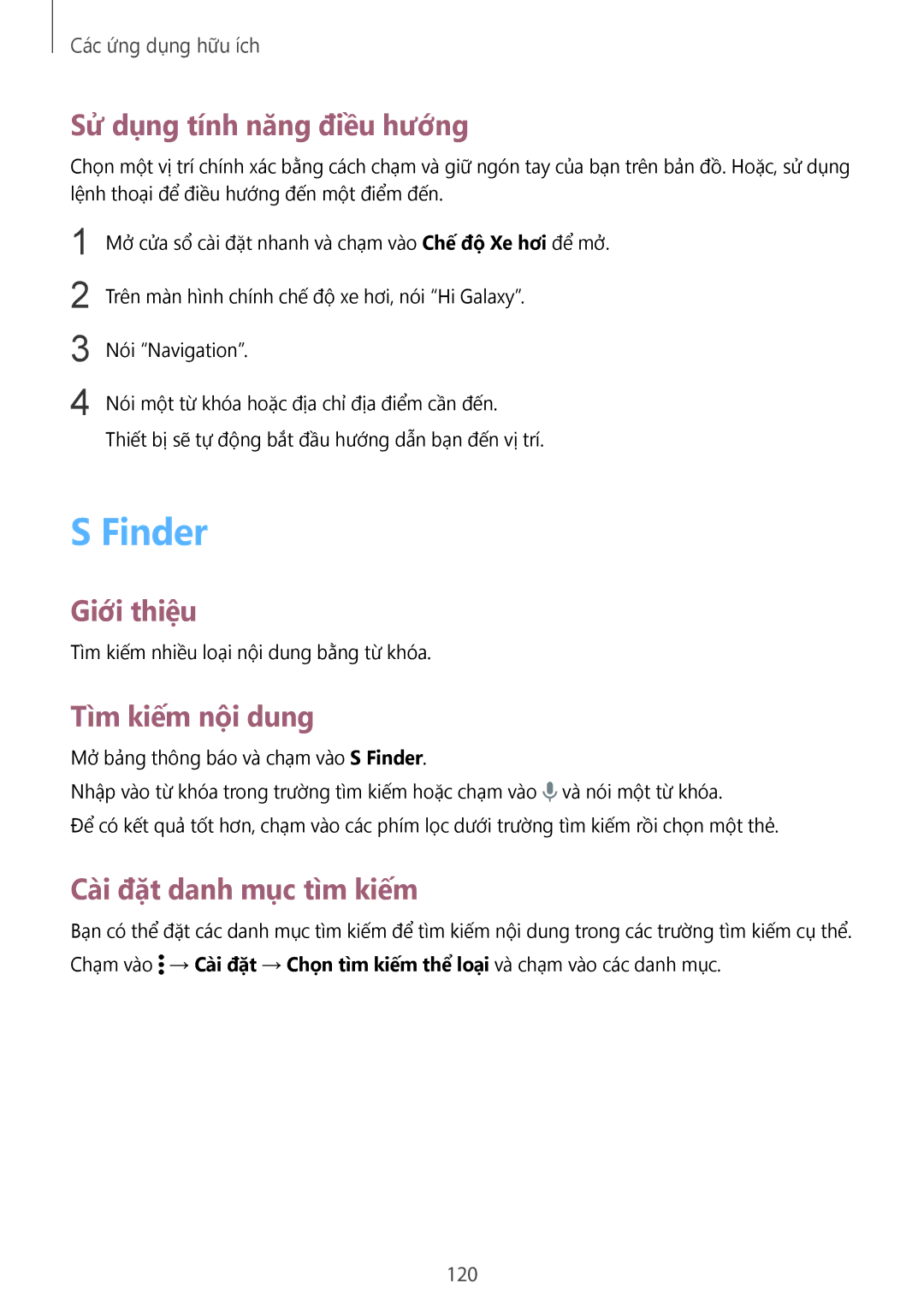 Samsung SM-N915FZKEXEV manual Finder, Sử dụng tính năng điều hướng, Tìm kiếm nội dung, Cài đặt danh mục tìm kiếm, 120 