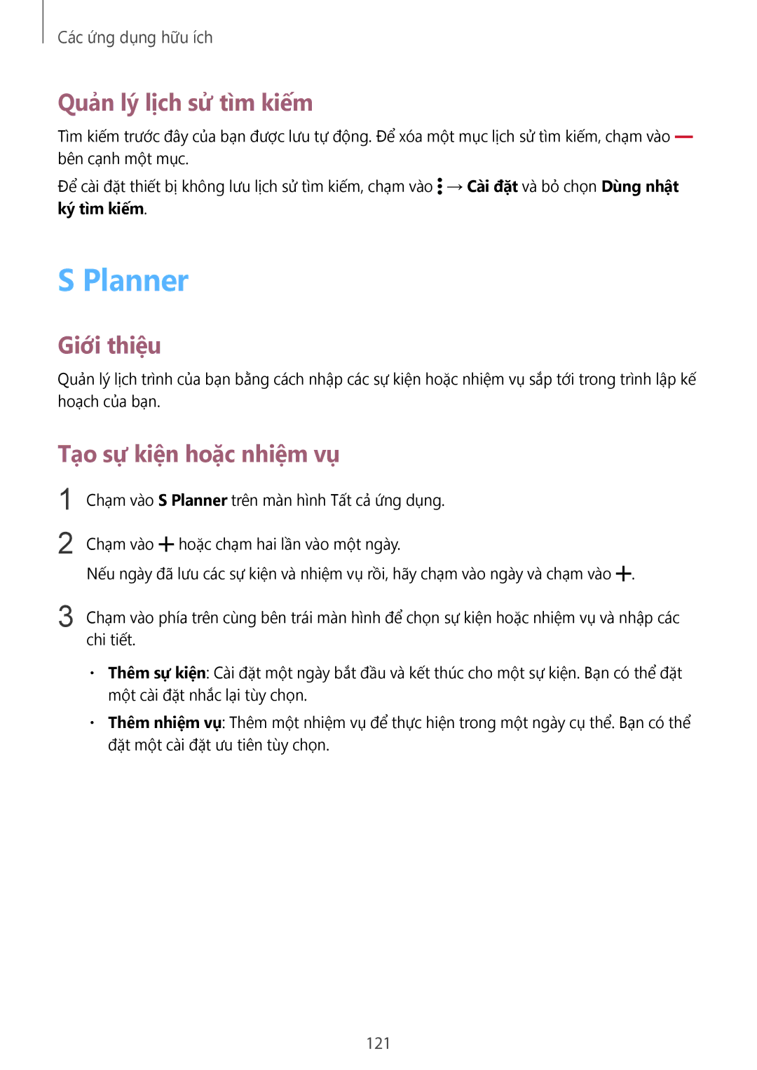 Samsung SM-N915FZWEXEV, SM-N915FZKEXEV manual Planner, Quản lý lịch sử tìm kiếm, Tạo sự kiện hoặc nhiệm vụ, 121 
