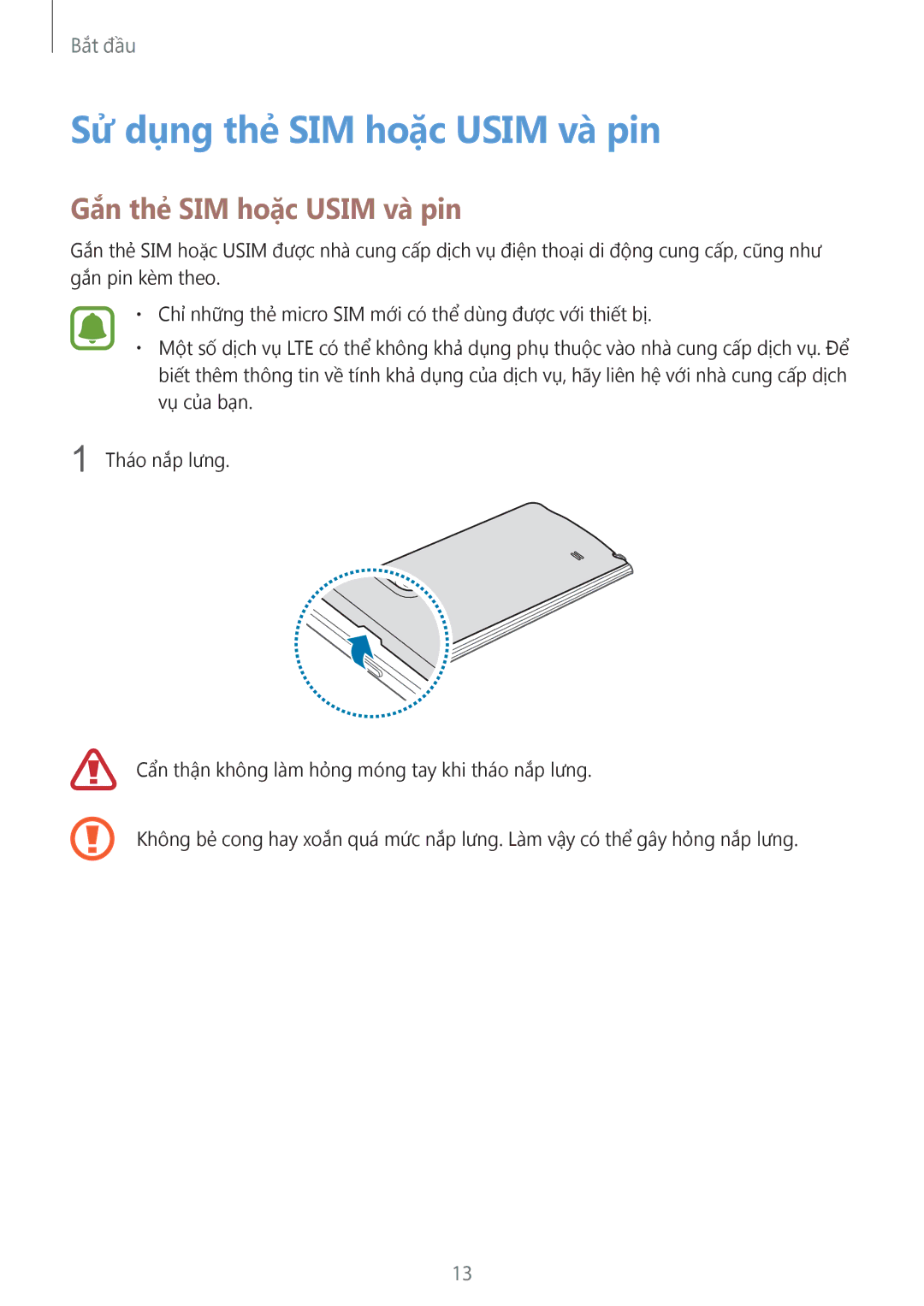 Samsung SM-N915FZWEXEV, SM-N915FZKEXEV manual Sử dụng thẻ SIM hoặc Usim và pin, Gắn thẻ SIM hoặc Usim và pin 