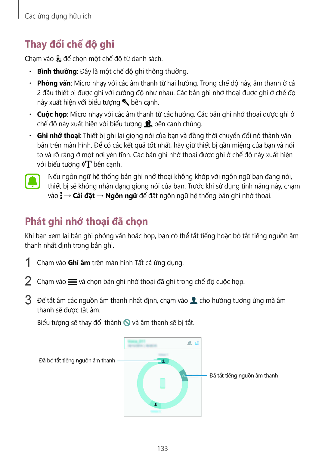 Samsung SM-N915FZWEXEV, SM-N915FZKEXEV manual Thay đổi chế độ ghi, Phát ghi nhớ thoại đã chọn, 133 