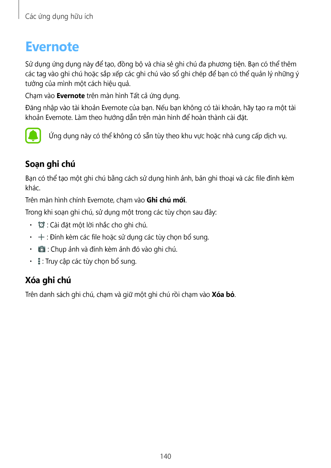 Samsung SM-N915FZKEXEV, SM-N915FZWEXEV manual Evernote, Soạn ghi chú, Xóa ghi chú, 140 