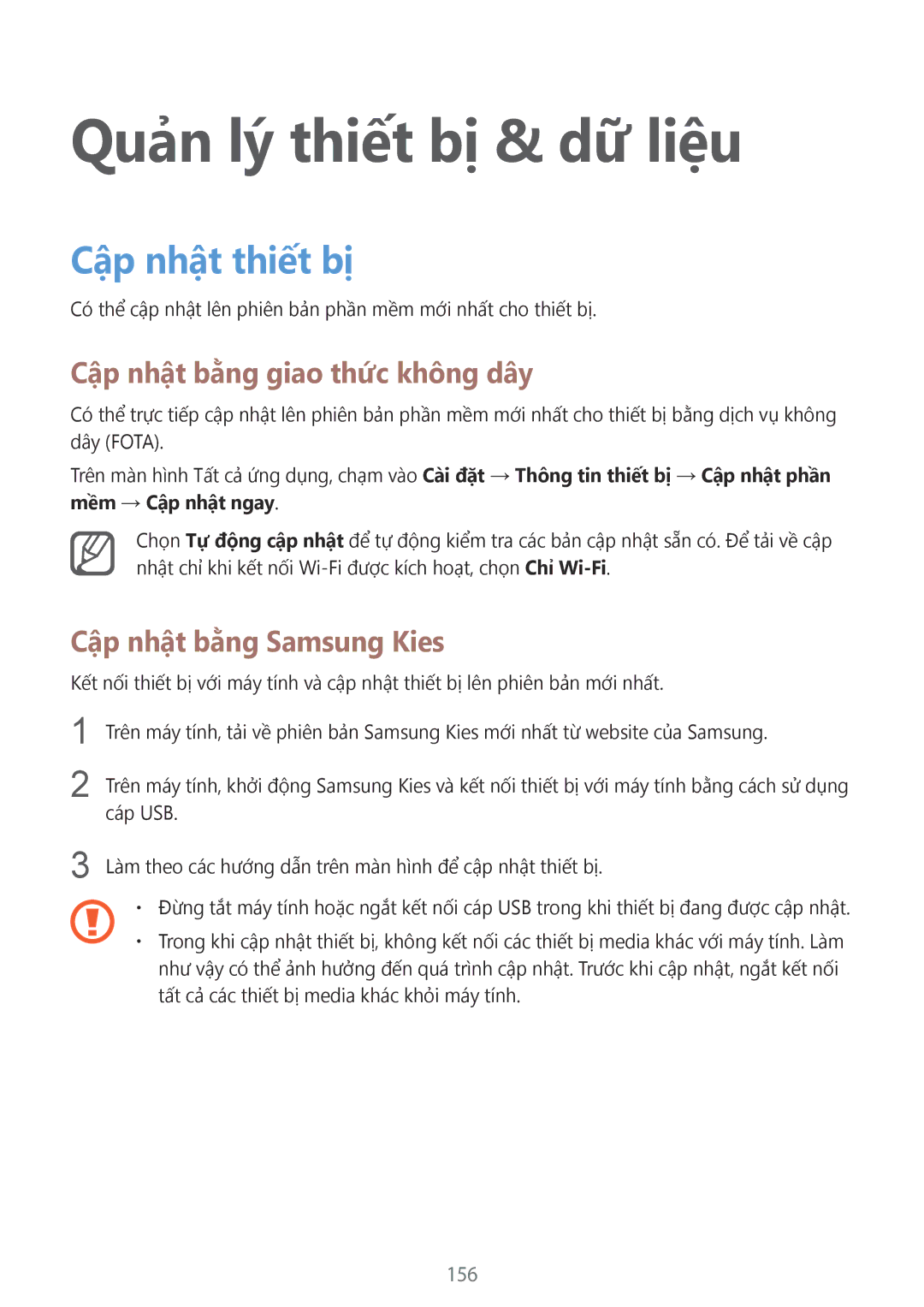 Samsung SM-N915FZKEXEV manual Quản lý thiết bị & dữ liệu, Cập nhật thiết bị, Cập nhật bằng giao thức không dây, 156 