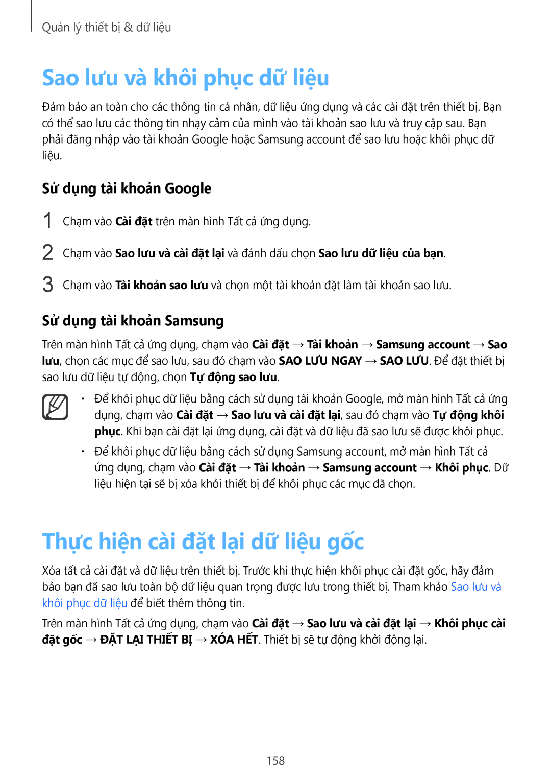 Samsung SM-N915FZKEXEV Sao lưu và khôi phục dữ liệu, Thực hiện cài đặt lại dữ liệu gốc, Sử dụng tài khoản Google, 158 
