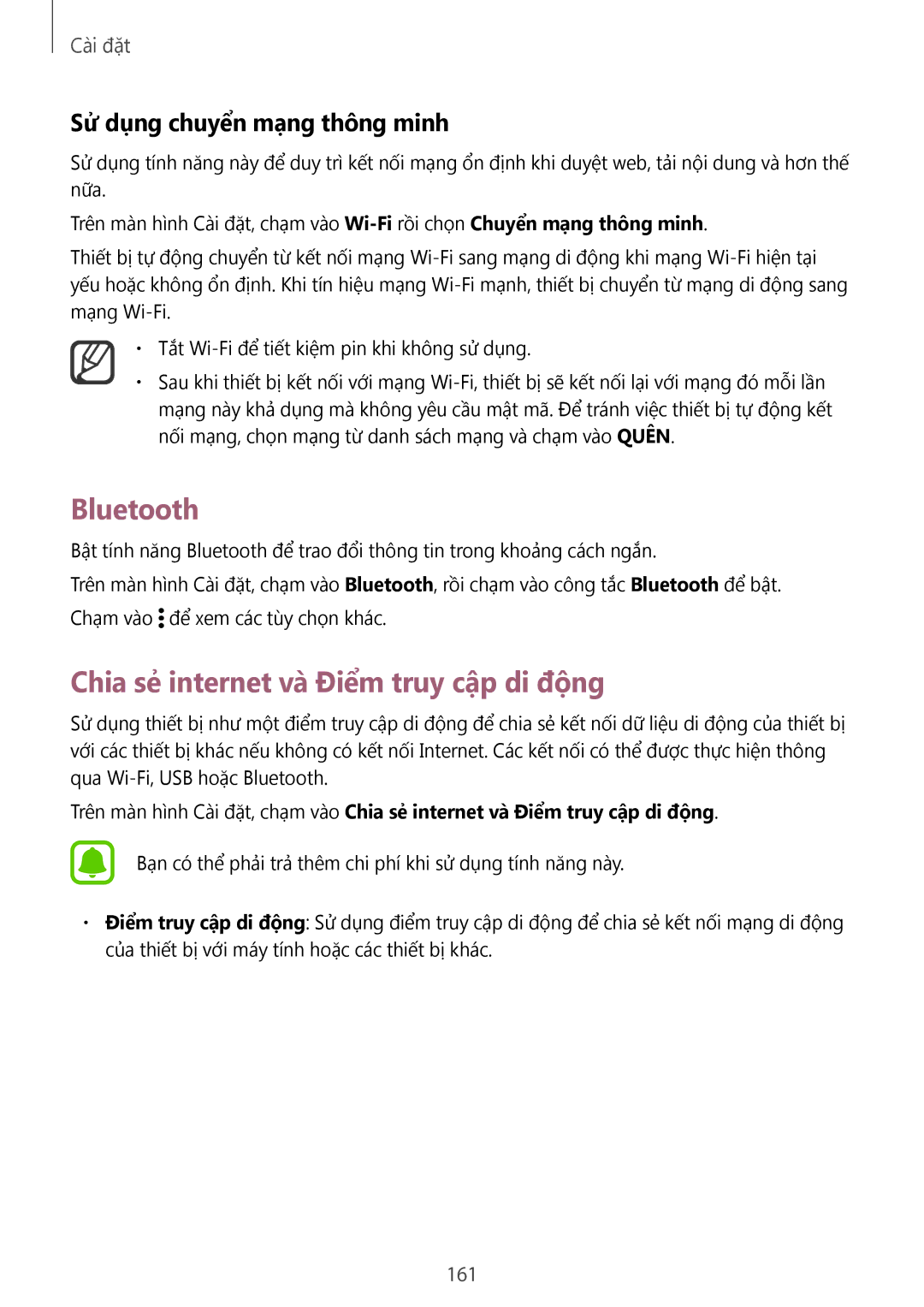 Samsung SM-N915FZWEXEV manual Bluetooth, Chia sẻ internet và Điểm truy cập di đông, Sử dụng chuyển mạng thông minh, 161 