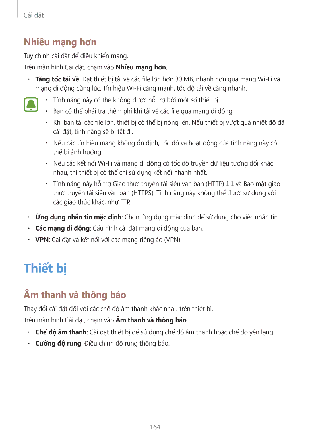 Samsung SM-N915FZKEXEV, SM-N915FZWEXEV manual Thiết bị, Nhiêu mạng hơn, Âm thanh và thông báo, 164 