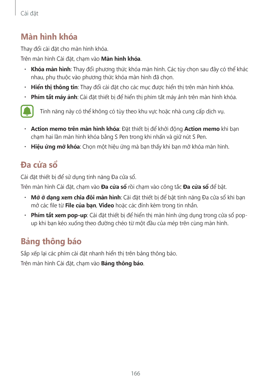 Samsung SM-N915FZKEXEV, SM-N915FZWEXEV manual Màn hình khóa, Đa cửa sổ, Bảng thông báo, 166 