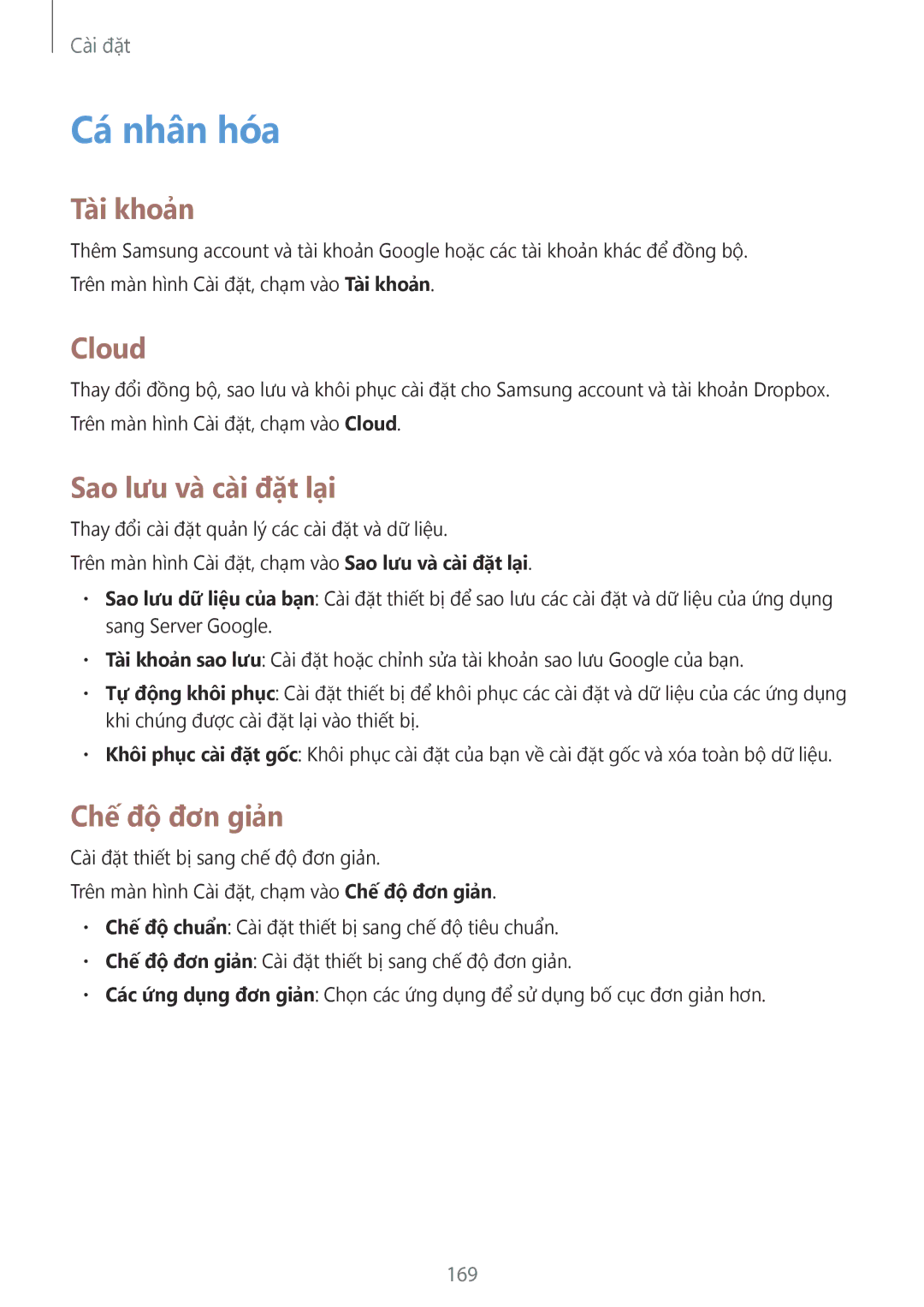 Samsung SM-N915FZWEXEV, SM-N915FZKEXEV manual Cá nhân hóa, Tài khoản, Cloud, Sao lưu và cài đặt lại, Chế độ đơn giản 