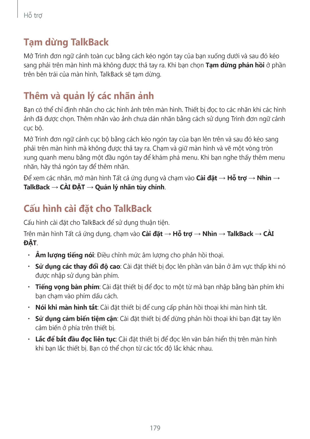 Samsung SM-N915FZWEXEV, SM-N915FZKEXEV Tạm dừng TalkBack, Thêm và quản lý các nhãn ảnh, Cấu hình cài đặt cho TalkBack, 179 