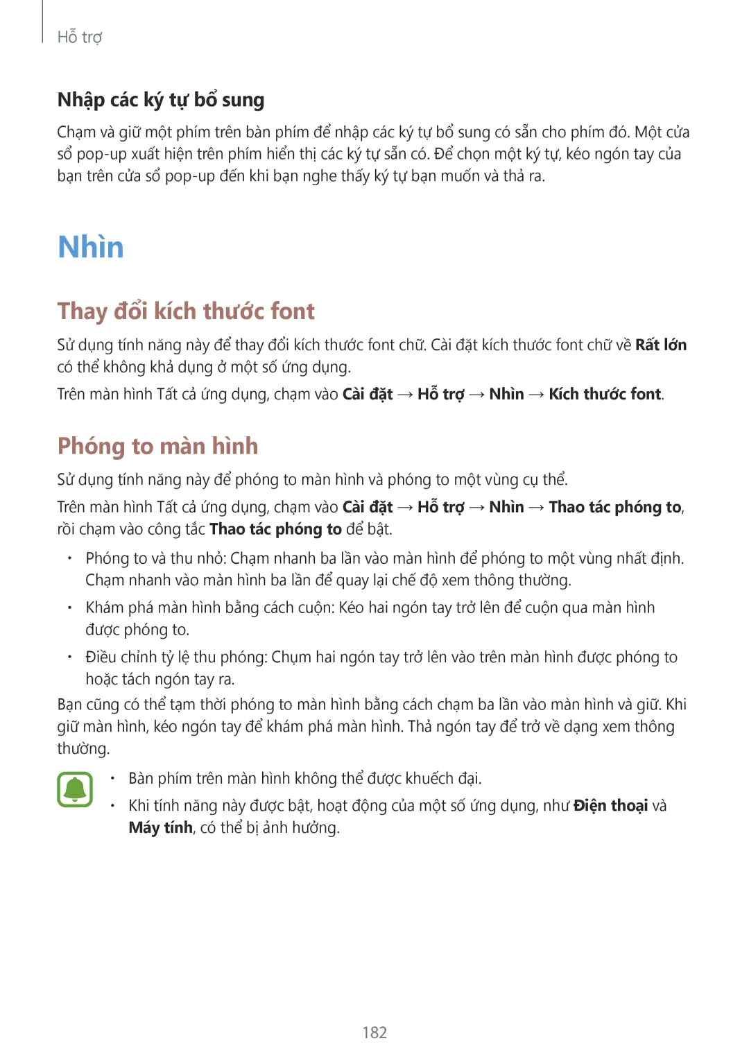 Samsung SM-N915FZKEXEV, SM-N915FZWEXEV manual Nhìn, Thay đổi kích thước font, Phóng to màn hình, Nhập các ký tự bổ sung, 182 