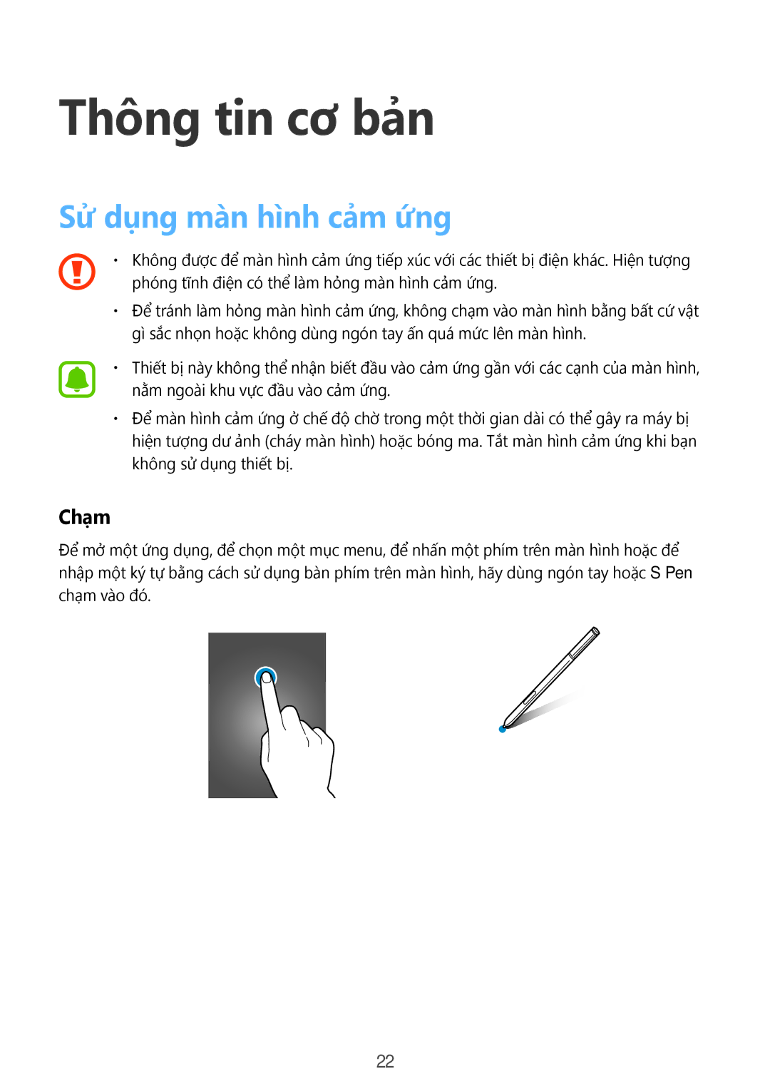 Samsung SM-N915FZKEXEV, SM-N915FZWEXEV manual Thông tin cơ bản, Sử dụng màn hình cảm ứng, Chạm 