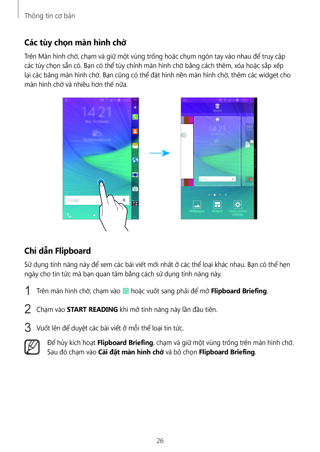 Samsung SM-N915FZKEXEV, SM-N915FZWEXEV manual Các tùy chọn màn hình chờ̀, Chỉ dẫn Flipboard 