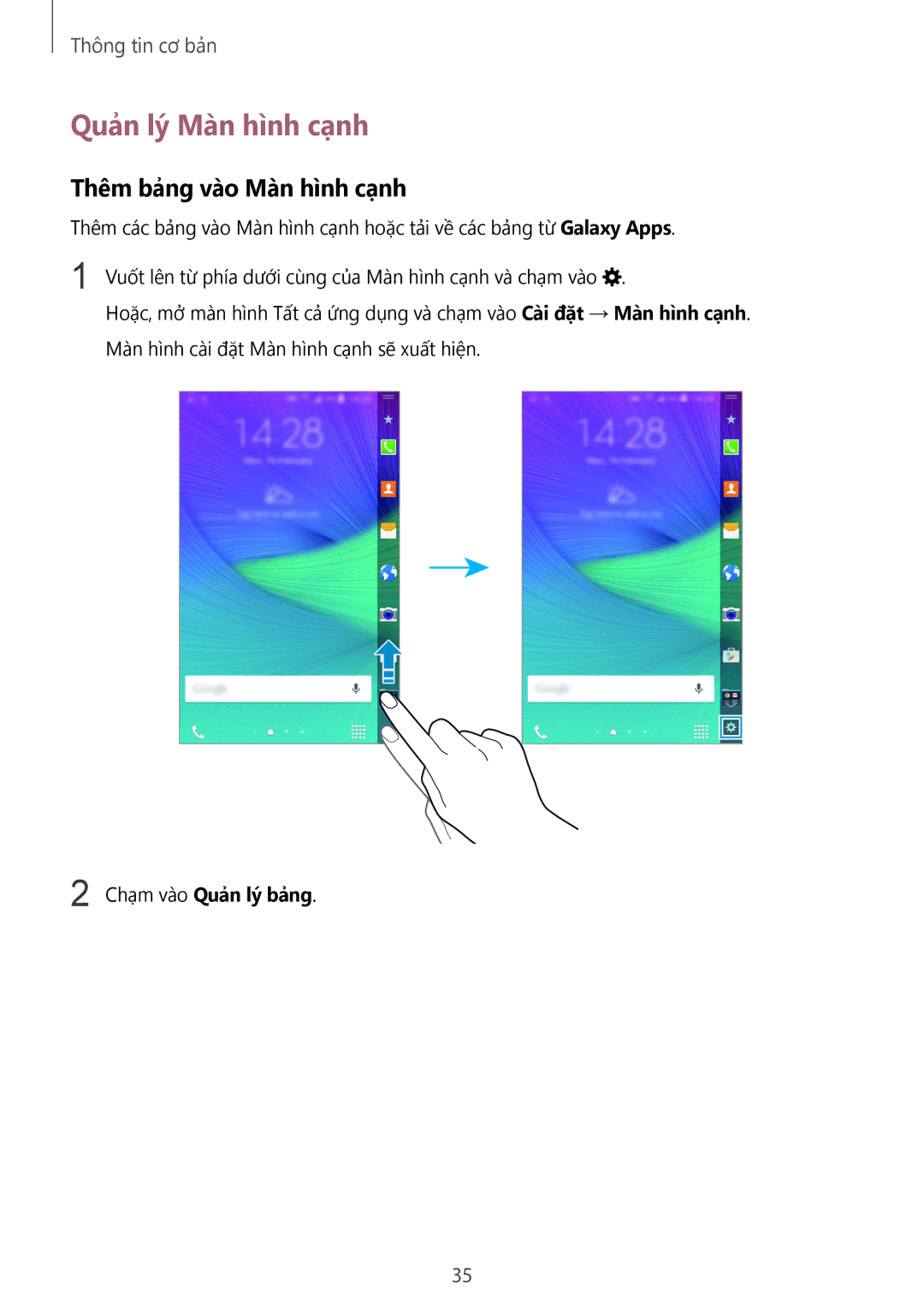 Samsung SM-N915FZWEXEV, SM-N915FZKEXEV manual Quản lý Màn hình cạnh, Thêm bảng vào Màn hình cạnh, Chạm vào Quản lý bang 