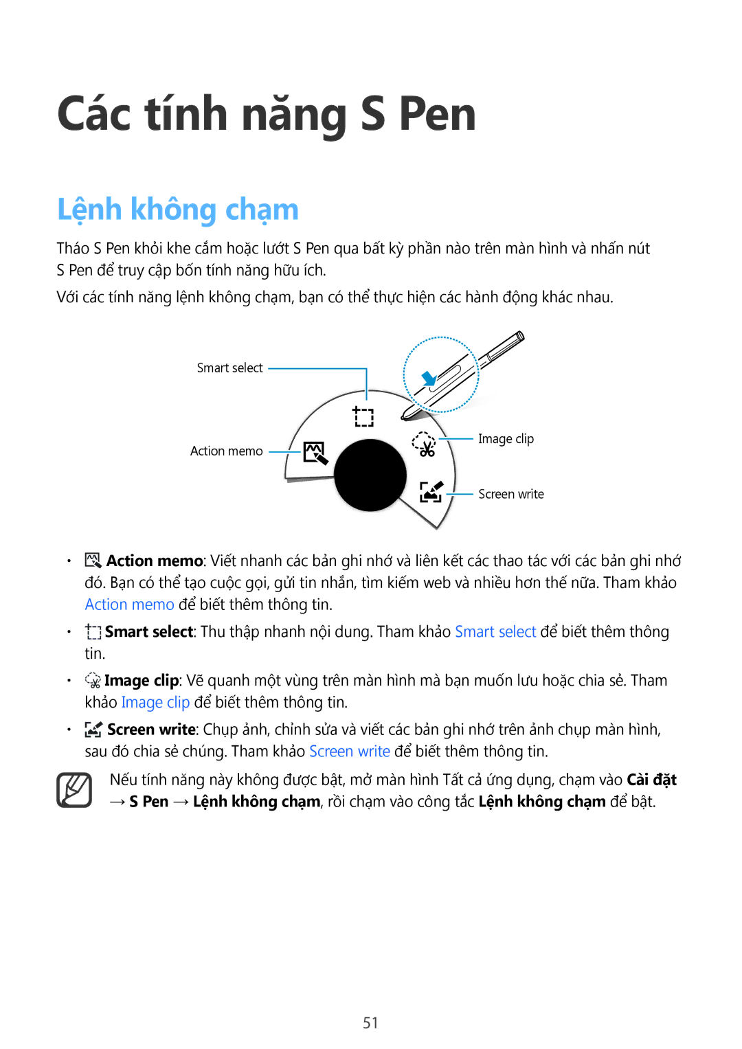 Samsung SM-N915FZWEXEV, SM-N915FZKEXEV manual Các tính năng S Pen, Lệnh không chạm 