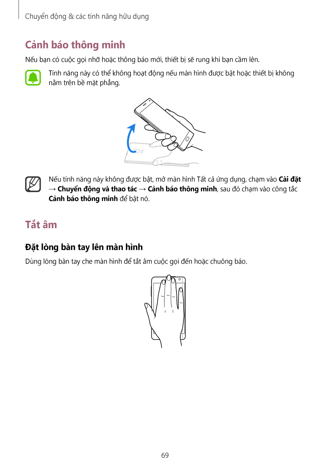 Samsung SM-N915FZWEXEV, SM-N915FZKEXEV manual Cảnh báo thông minh, Tắt âm, Đặt lòng bàn tay lên màn hình 