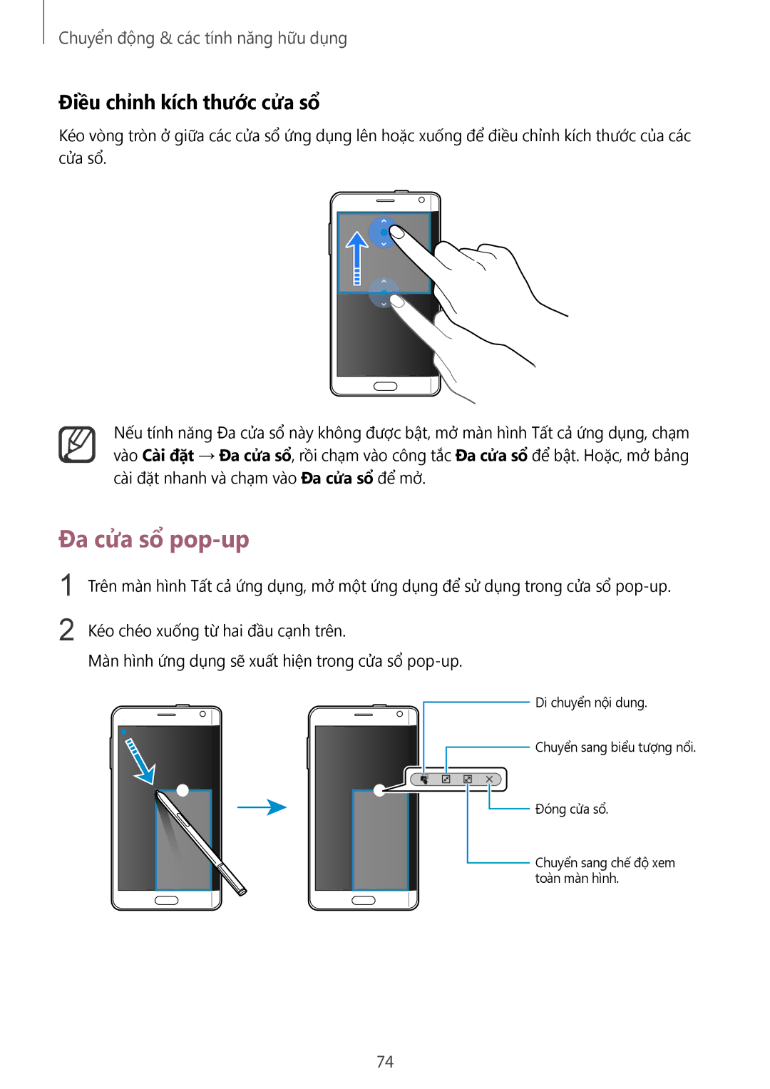 Samsung SM-N915FZKEXEV, SM-N915FZWEXEV manual Đa cửa sổ pop-up, Điều chỉnh kích thước cửa sổ 