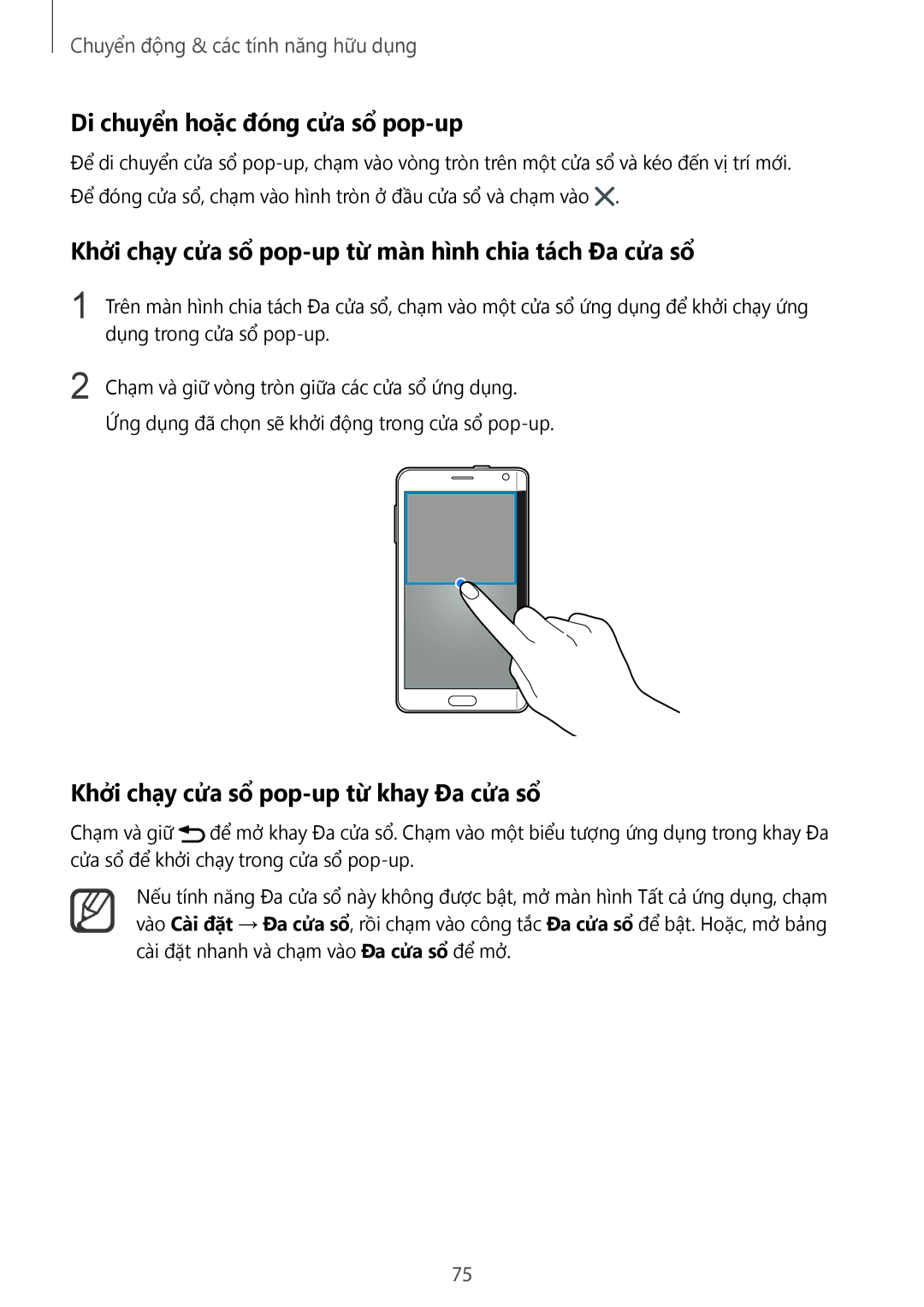 Samsung SM-N915FZWEXEV manual Di chuyển hoặc đóng cửa sổ pop-up, Khởi chạy cửa sổ pop-up từ màn hình chia tách Đa cửa sổ 