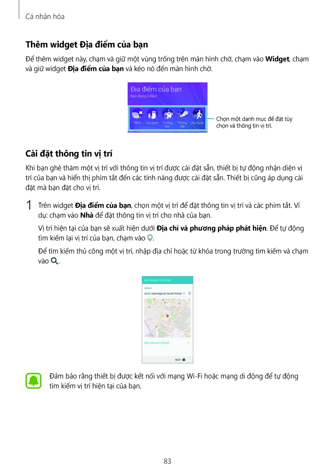 Samsung SM-N915FZWEXEV, SM-N915FZKEXEV manual Thêm widget Địa điểm của bạn, Cài đặt thông tin vị trí 
