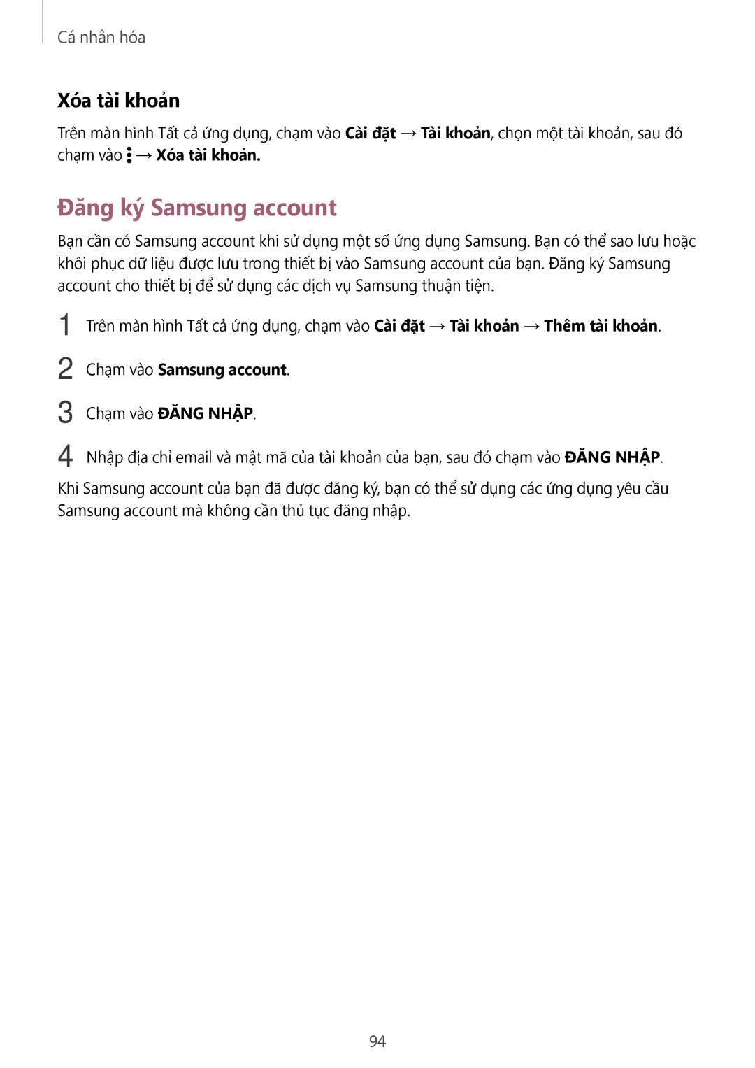 Samsung SM-N915FZKEXEV, SM-N915FZWEXEV manual Đăng ký Samsung account, Xóa tài khoản, Chạm vào Samsung account 