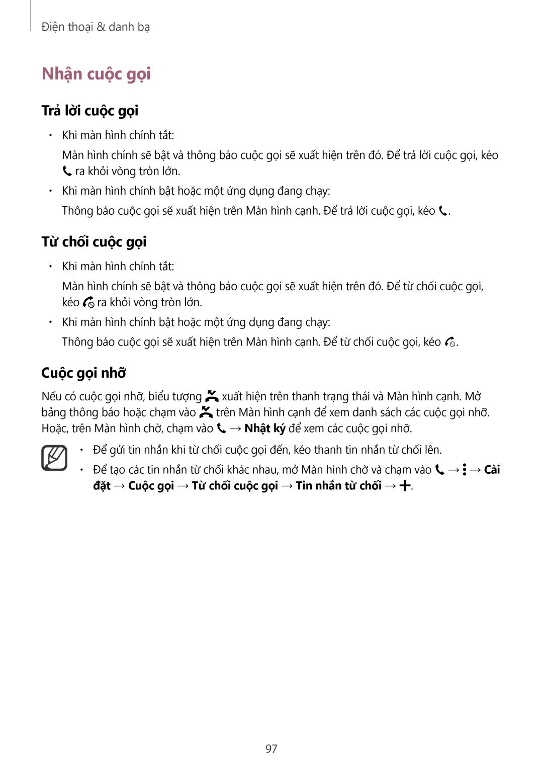 Samsung SM-N915FZWEXEV, SM-N915FZKEXEV manual Nhận cuộc gọi, Trả lờ̀i cuộc gọi, Tư chối cuôc goi, Cuộc gọi nhỡ 