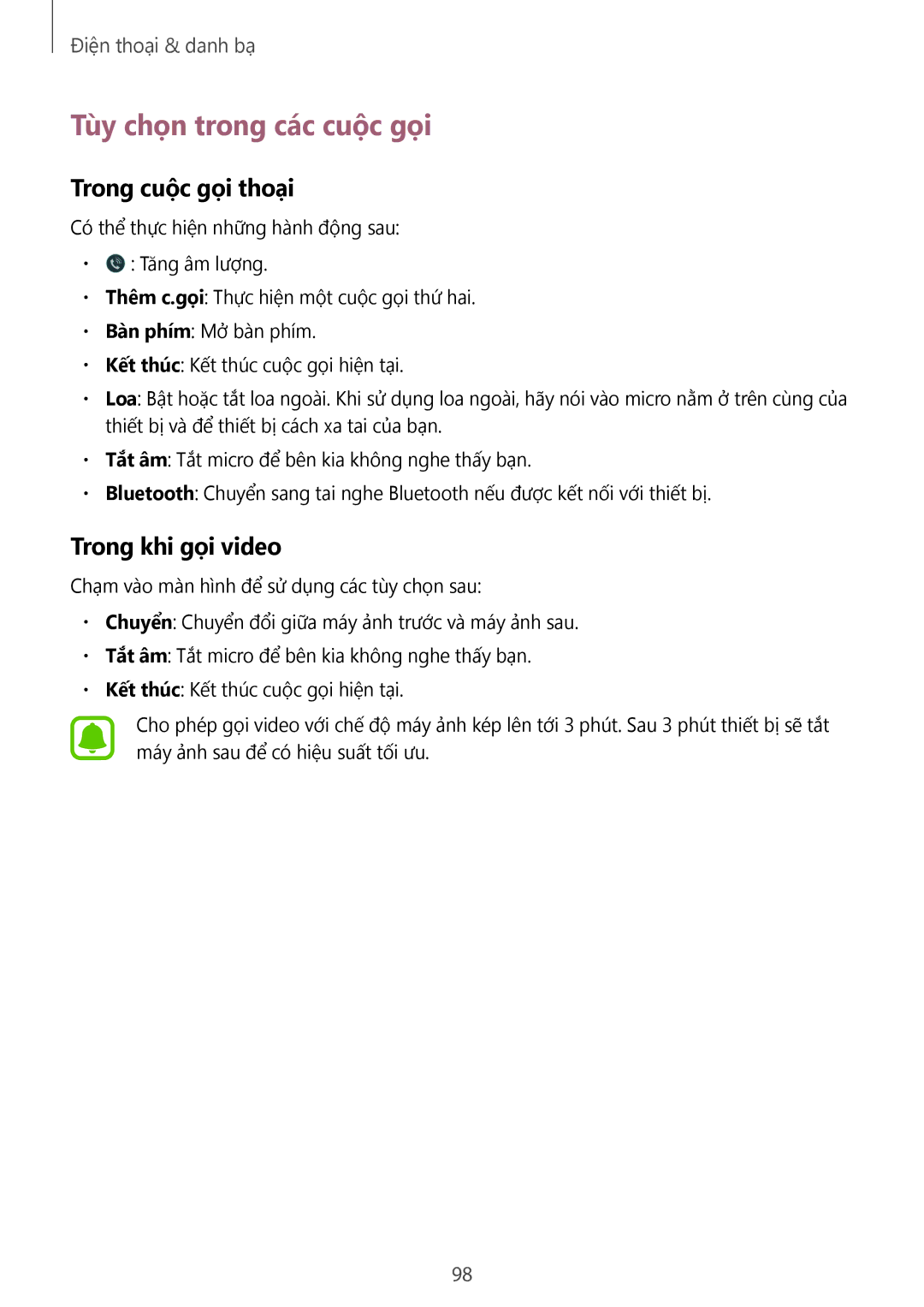 Samsung SM-N915FZKEXEV, SM-N915FZWEXEV manual Tùy chọn trong các cuộc gọi, Trong cuộc gọi thoại, Trong khi gọi video 