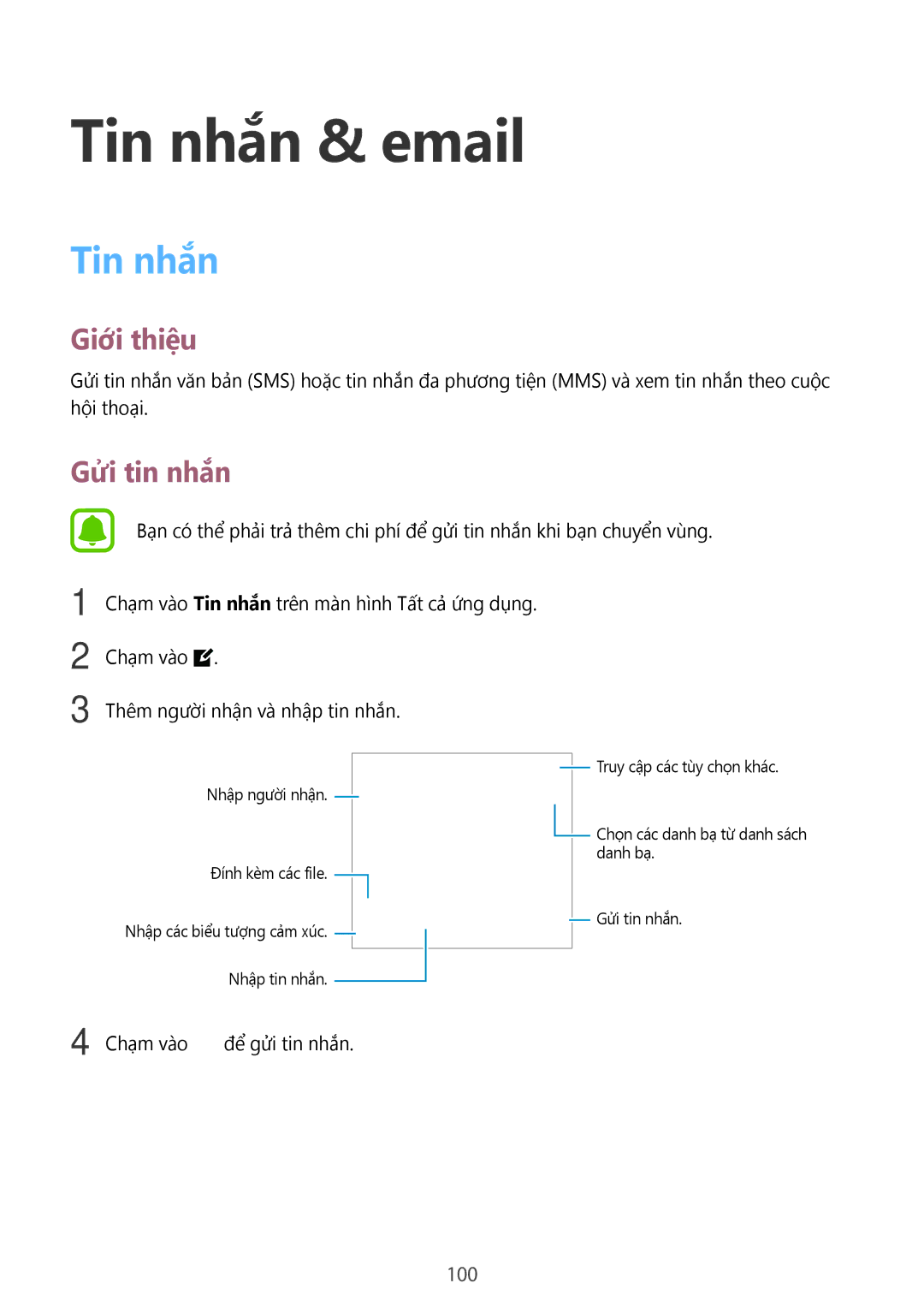 Samsung SM-N915FZKEXEV, SM-N915FZWEXEV manual Tin nhắn & email, Gửi tin nhắn, 100 