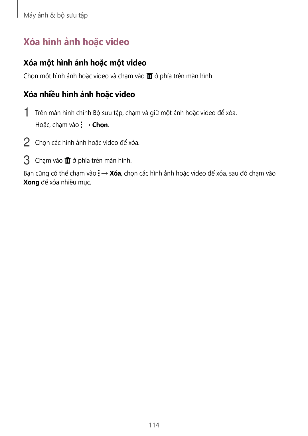 Samsung SM-N915FZKEXEV manual Xóa hình ảnh hoặc video, Xóa một hình ảnh hoặc một video, Xóa nhiều hình ảnh hoặc video, 114 
