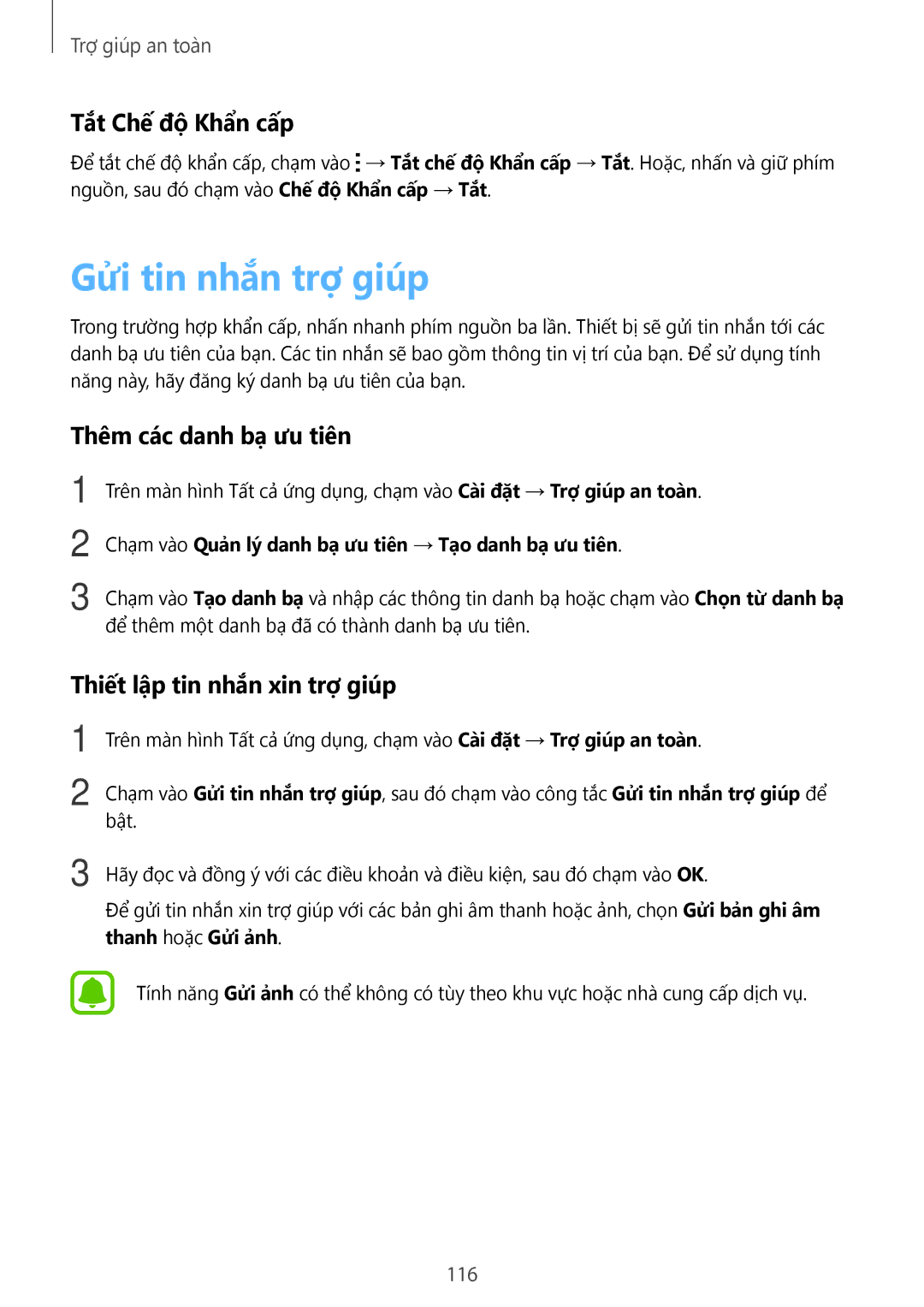 Samsung SM-N915FZKEXEV, SM-N915FZWEXEV manual Gửi tin nhắn trợ giúp, Tắt Chế độ Khẩn cấ́p, Thêm các danh bạ ưu tiên, 116 