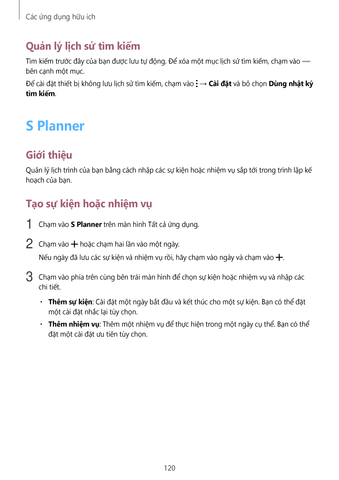 Samsung SM-N915FZKEXEV, SM-N915FZWEXEV manual Planner, Quản lý lịch sử tìm kiếm, Tạo sự kiện hoặc nhiệm vụ, 120 