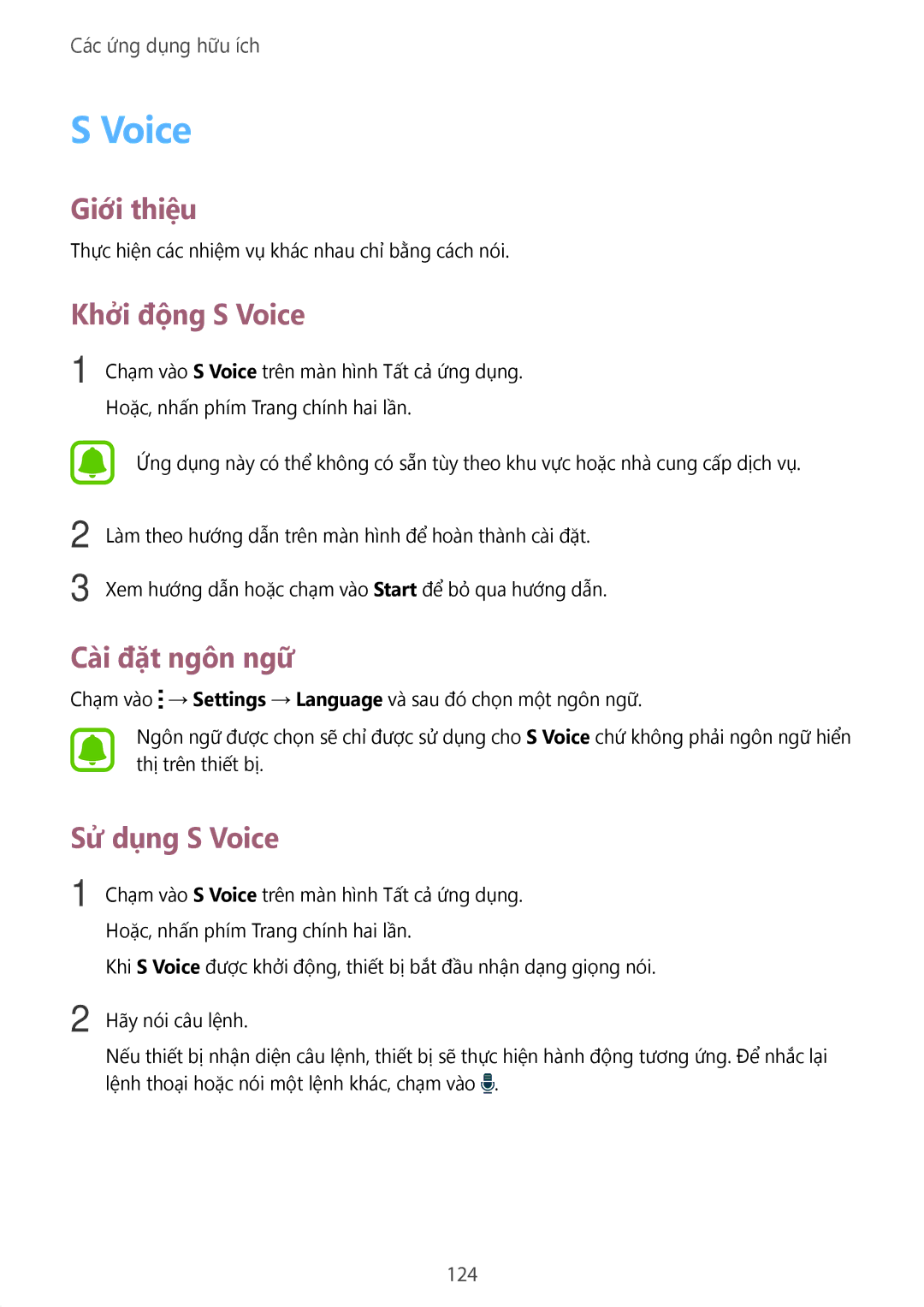 Samsung SM-N915FZKEXEV, SM-N915FZWEXEV manual Khởi động S Voice, Cài đặt ngôn ngữ, Sử dụng S Voice, 124 