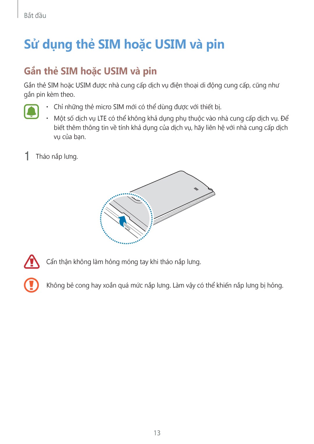 Samsung SM-N915FZWEXEV, SM-N915FZKEXEV manual Sử dụng thẻ SIM hoặc Usim và pin, Gắn thẻ SIM hoặc Usim và pin 