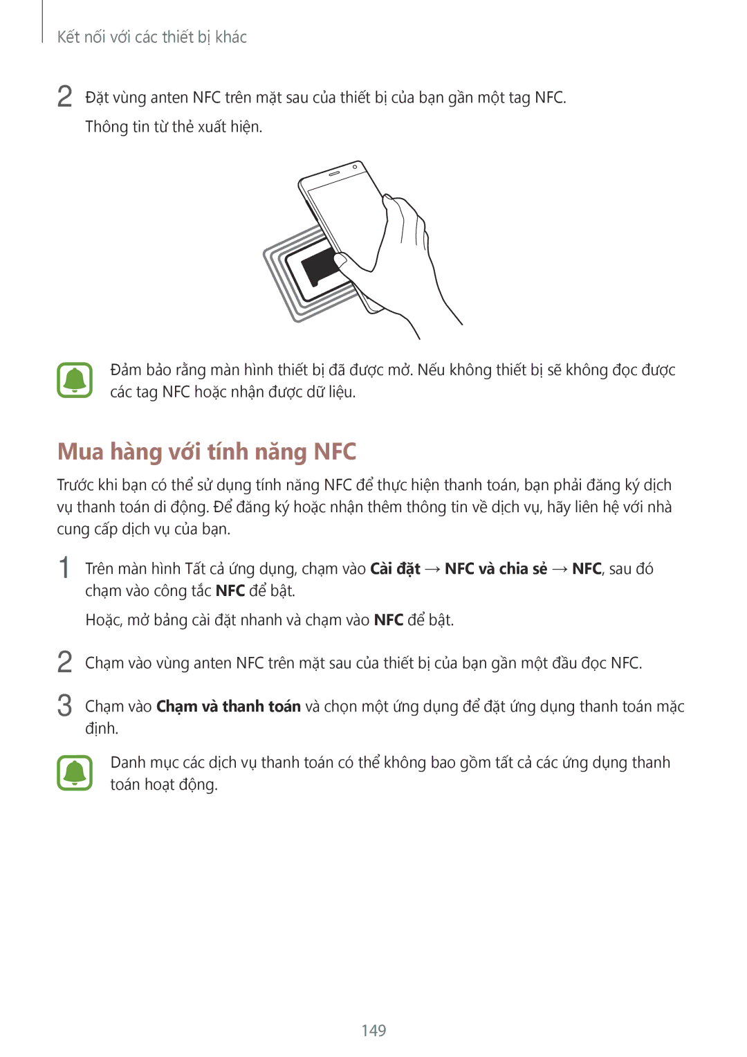 Samsung SM-N915FZWEXEV, SM-N915FZKEXEV manual Mua hàng với tính năng NFC, 149 