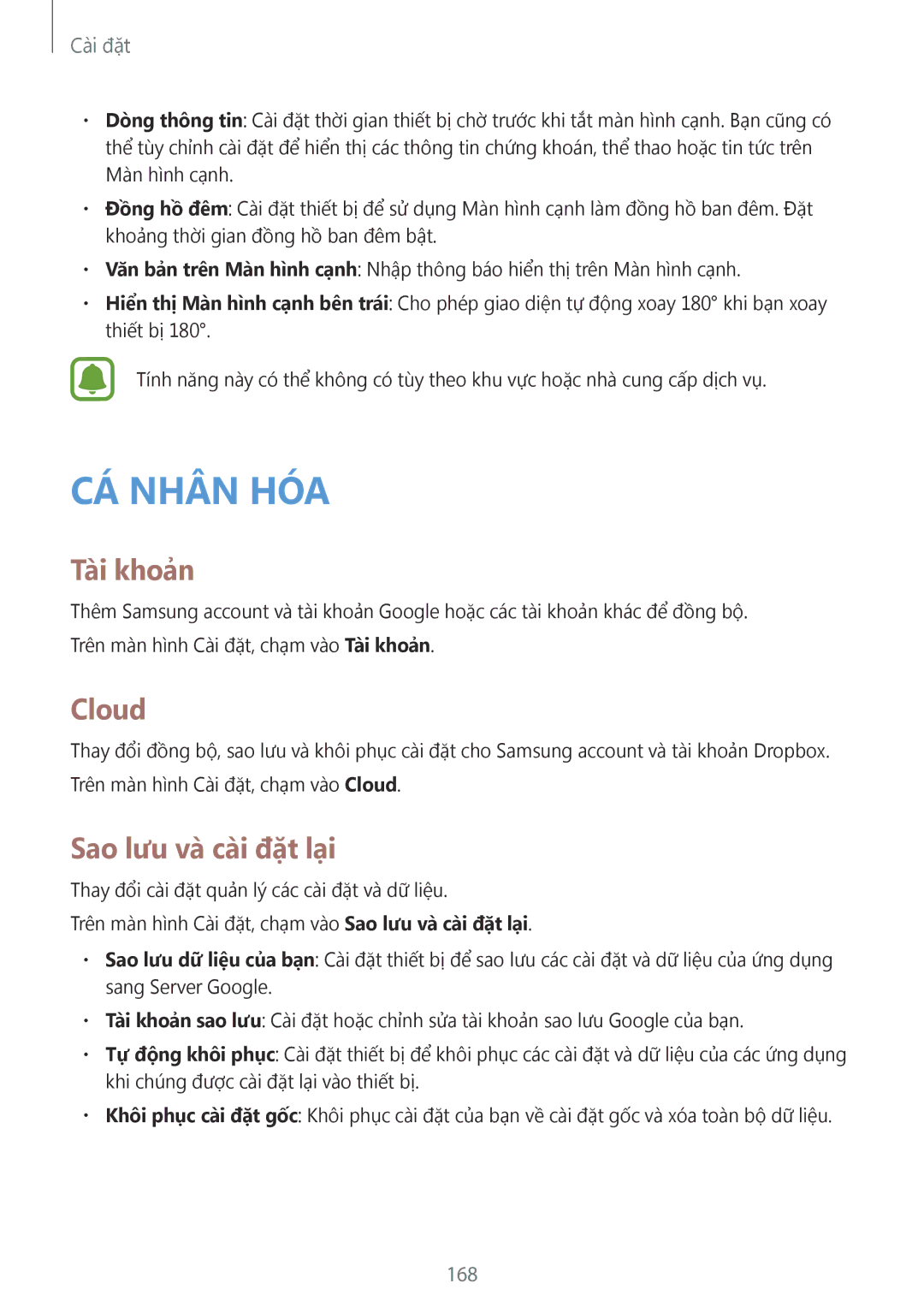 Samsung SM-N915FZKEXEV, SM-N915FZWEXEV manual Tài khoản, Cloud, Sao lưu và cài đặt lại, 168 