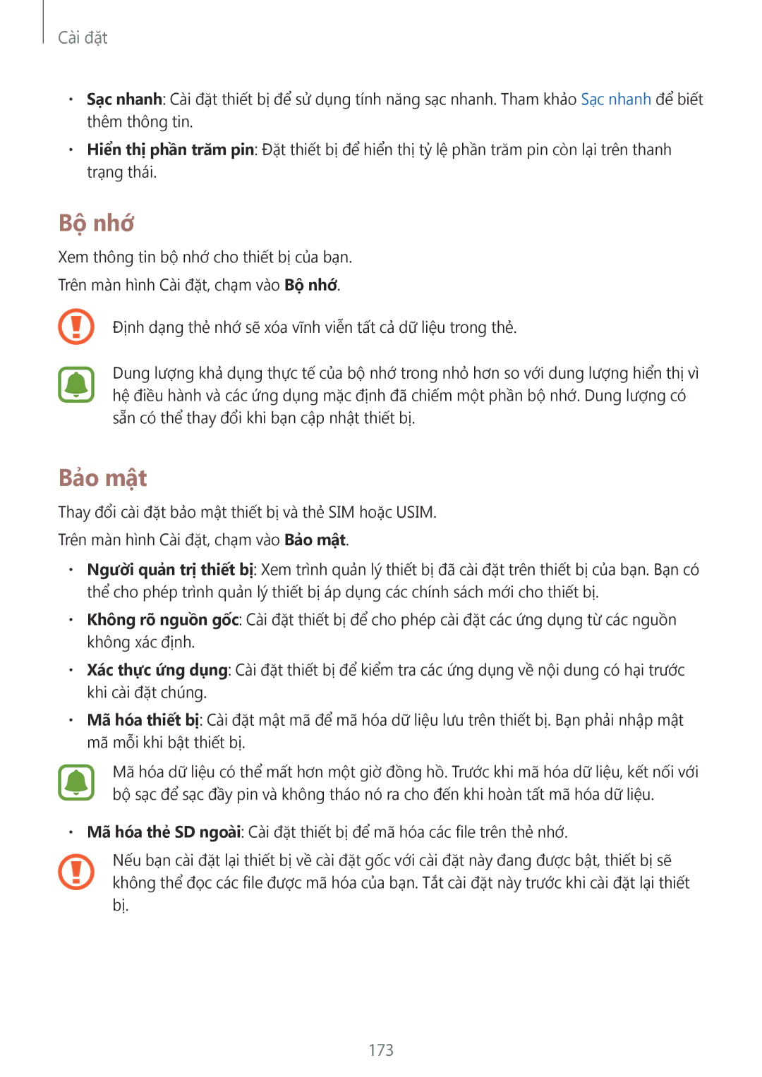 Samsung SM-N915FZWEXEV, SM-N915FZKEXEV manual Bộ nhớ, Bảo mật, 173 