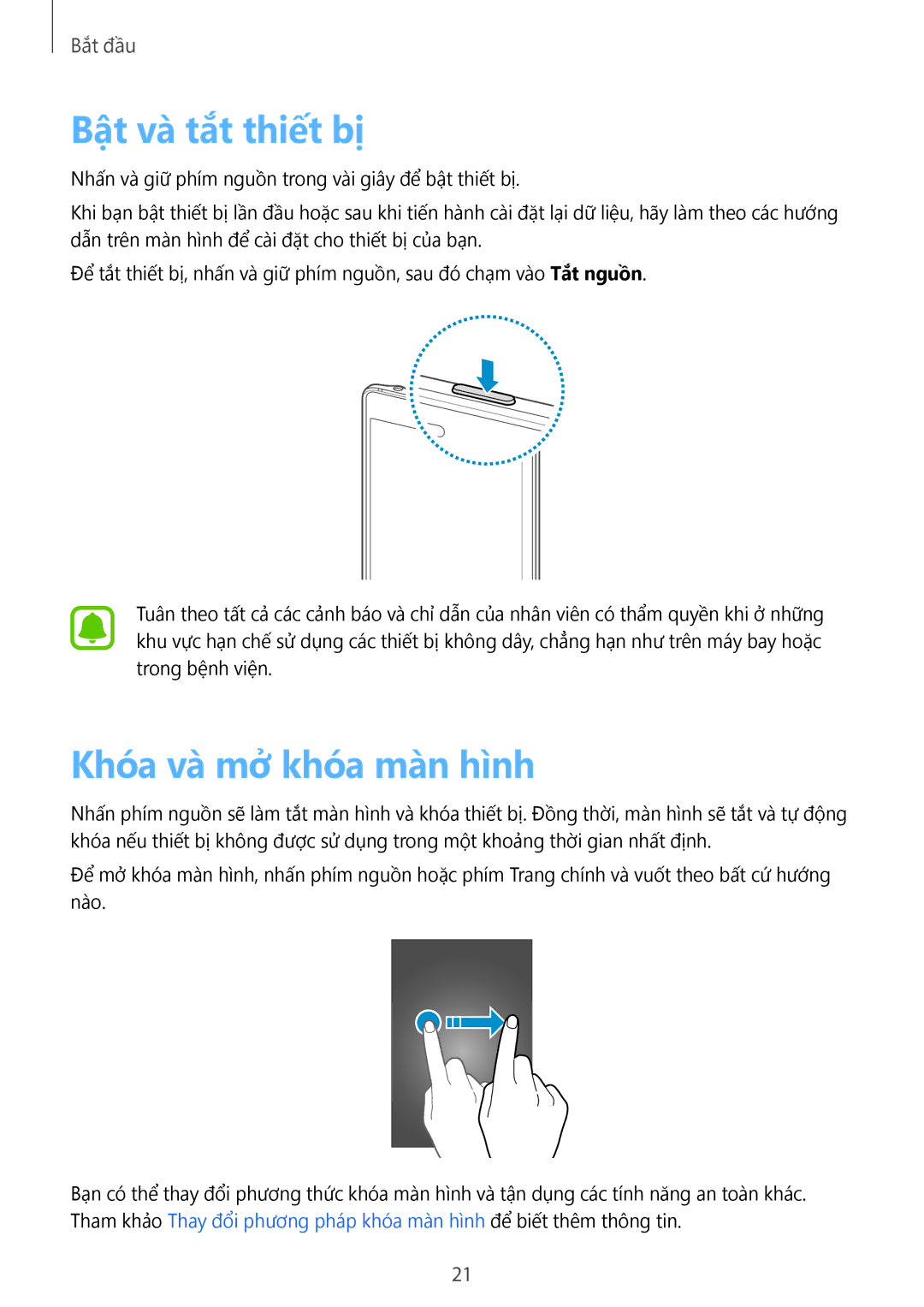 Samsung SM-N915FZWEXEV, SM-N915FZKEXEV manual Bật và tắt thiết bị, Khóa và mở khóa màn hình 