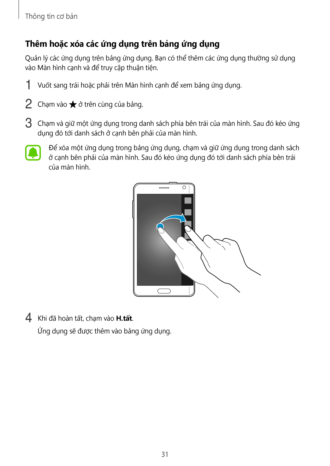 Samsung SM-N915FZWEXEV, SM-N915FZKEXEV manual Thêm hoặc xóa các ứng dụng trên bảng ứng dụng 