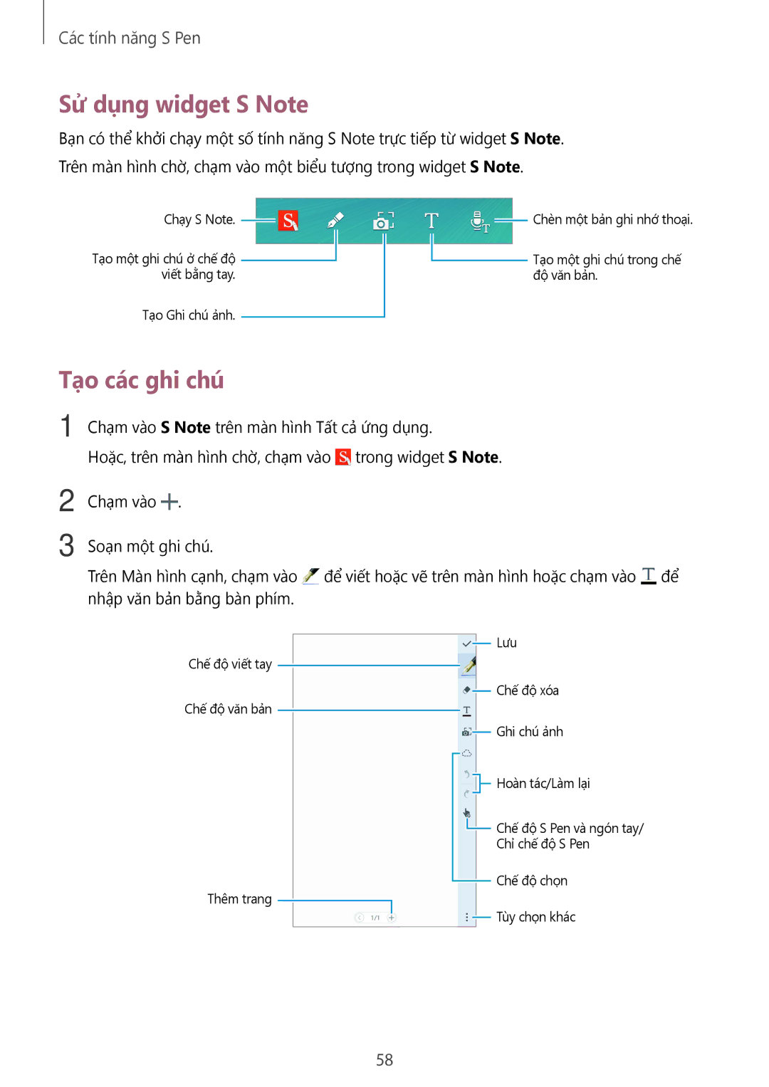 Samsung SM-N915FZKEXEV, SM-N915FZWEXEV manual Sử dụng widget S Note, Tạo các ghi chú 