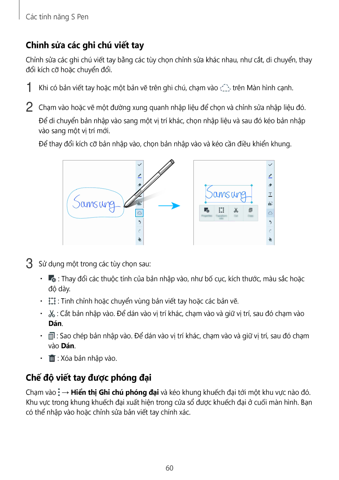 Samsung SM-N915FZKEXEV, SM-N915FZWEXEV manual Chỉnh sửa các ghi chú viết tay, Chế độ viết tay được phóng đại 