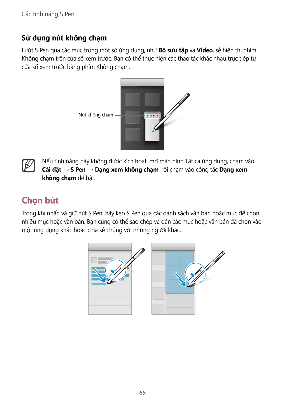 Samsung SM-N915FZKEXEV, SM-N915FZWEXEV manual Chọn bút, Sử dụng nút không chạm 