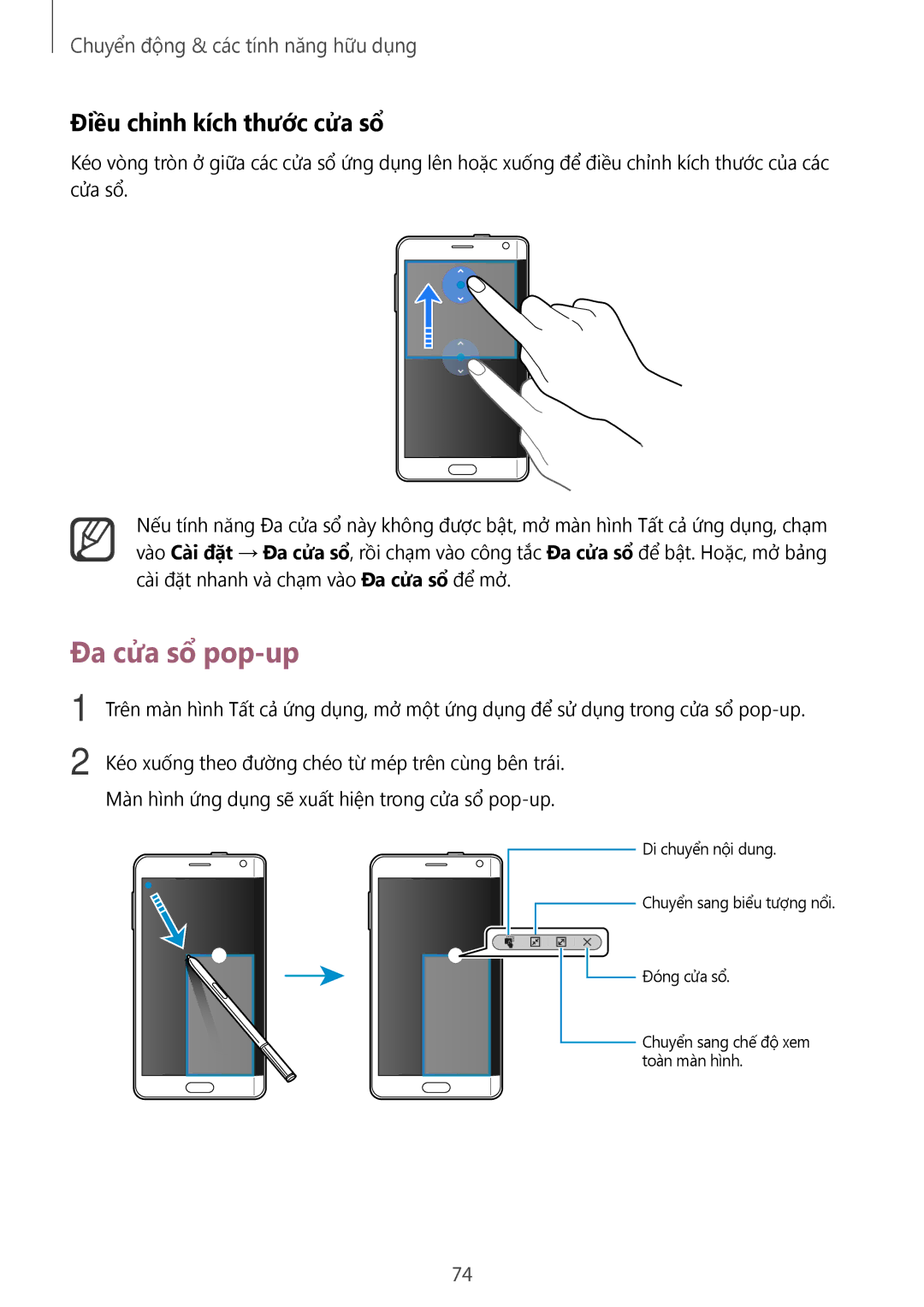 Samsung SM-N915FZKEXEV, SM-N915FZWEXEV manual Đa cửa sổ pop-up, Điều chỉnh kích thước cửa sổ 