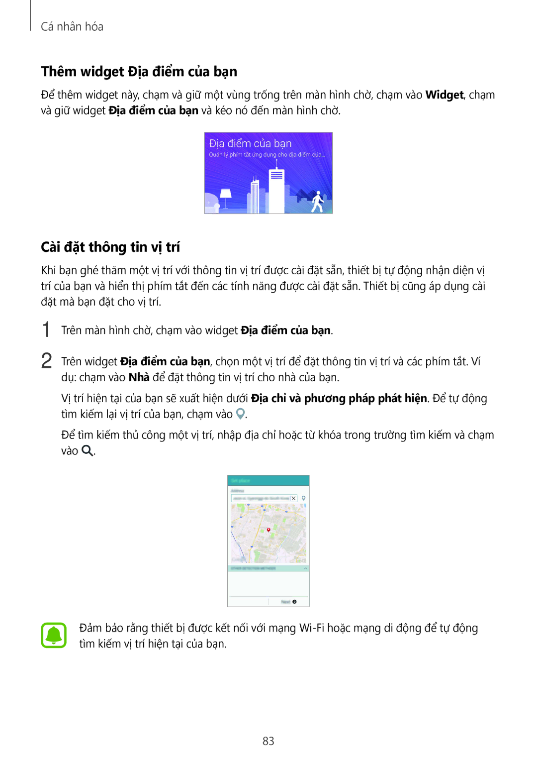 Samsung SM-N915FZWEXEV, SM-N915FZKEXEV manual Thêm widget Địa điểm của bạn, Cài đặt thông tin vị trí 