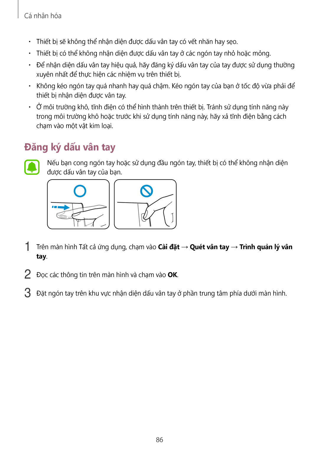 Samsung SM-N915FZKEXEV, SM-N915FZWEXEV manual Đăng ký dấ́u vân tay 