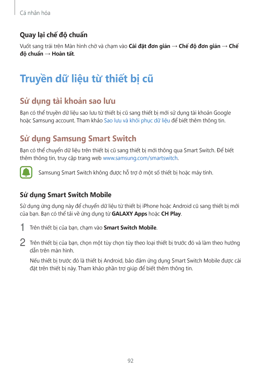 Samsung SM-N915FZKEXEV manual Truyền dữ liệu từ thiết bị cũ, Sử dụng tài khoản sao lưu, Sử dụng Samsung Smart Switch 