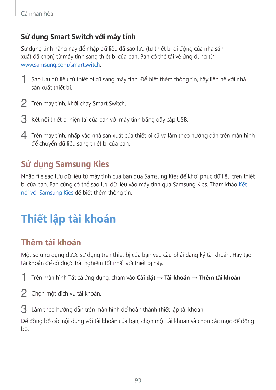 Samsung SM-N915FZWEXEV manual Thiết lập tài khoản, Sử dụng Samsung Kies, Thêm tài khoản, Sử dụng Smart Switch với máy tính 